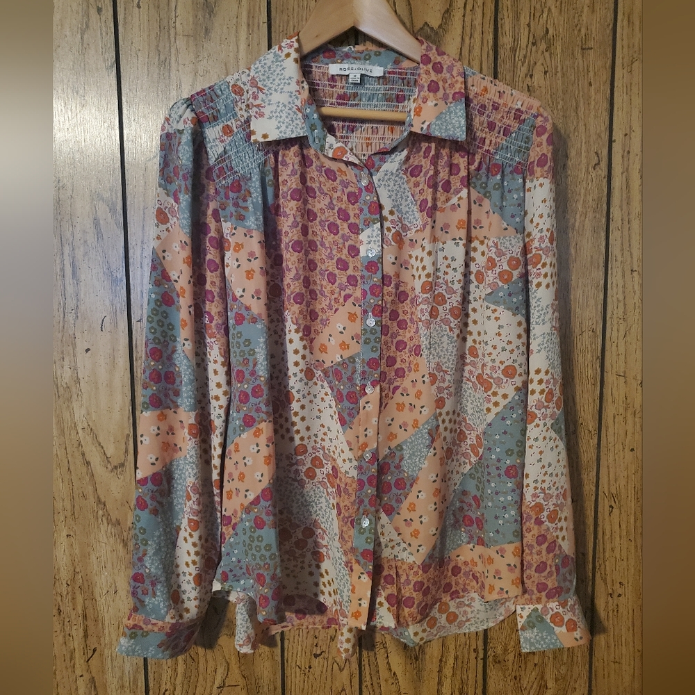 Rose + Olive Boho Patchwork Floral Button Down Se… - image 2